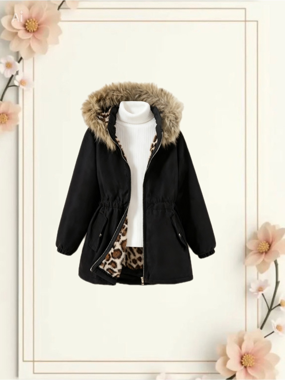 SHEIN Girls Black Winter Coat with Leopard Print